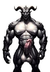 big_balls big_penis black_skin durak1251 erection horns huge_nipples hybrid_penis legs male monster muscular nubbed_penis scales solo spiked_bracelet standing_in_full_height vrok white_eyes white_nipples