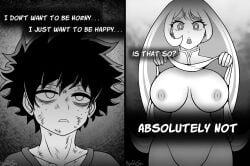 1boy 1girls areolae big_breasts breasts clothing_lift depressed dialogue female flashing flashing_breasts hyoreisan izuku_midoriya male meme monochrome my_hero_academia nejire_hado nipples tagme