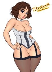 2d areola_slip big_breasts bioshock bioshock_infinite blue_eyes breasts brown_hair busty choker cleavage corset edit elizabeth_comstock eyelashes female female_focus female_only garter_straps hairless_pussy hourglass_figure legwear lipstick nylons pinup pinup_pose pussy shaved_pussy short_hair standing stephen49 stockings tagme vagina wide_hips