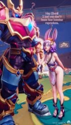 1boy after_sex bunny_ears bunny_girl bunny_tail female glasses hip_grab khan_(paladins) legs male/female muscular_male paladins purple_hair question_mark rei_(paladins) size_difference thick_hips thick_legs thick_thighs thighs yazanios