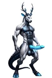 athletic big_balls big_penis black_antlers black_chest blue_eyes blue_hooves blue_nipples blue_penis canine_penis digitigrade durak1251 erection frir knotted_penis long_antlers male monster scales solo transparent_background white_skin