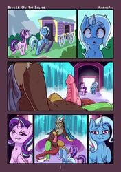 comic cutie_mark discord_(mlp) draconequus english_text equine fearingfun female feral friendship_is_magic fur highres horn male mammal multicolored_hair my_little_pony open_mouth page_1 penis starlight_glimmer testicles trixie_(mlp) two_tone_hair unicorn wings