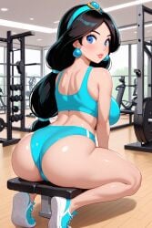 1girls ai_generated ass brown_hair brunette_hair disney female female_only gym gym_bottomwear gym_clothes gym_clothing gym_shirt gym_shorts gym_uniform princess princess_jasmine sexy.ai