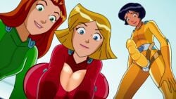 alex_(totally_spies) bodysuit clover_(totally_spies) dominant_female domination dominatrix huge_breasts latex latex_suit pov sam_(totally_spies) screencap screenshot screenshot_edit taker_pov tight_clothing tight_dress totally_spies