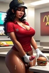 ai_generated black_hair burger cum cum_in_food exposed food food_play futanari gloved_handjob gloves indian indian_female masturbating masturbation mcdonald's oiled pubes public public_exposure public_nudity realistic sauce sweat tagme tan_body wet