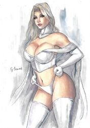 blonde_female emma_frost female gustavo_izumi hellfire_club marvel marvel_comics pinup pinup_pose platinum_blonde_hair pulling_panties traditional_media_(artwork) tramastudio white_queen x-men