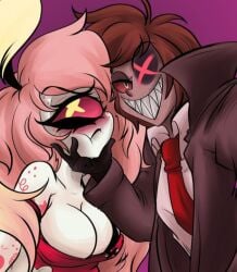 angry_face big_breasts blush cherri_bomb_(hazbin_hotel) damion_owens(@mothdetective) embarrassed grabbing grabbing_face grinning hazbin_hotel moth one_eye pink_hair pouting red_top scar scar_on_eye scar_on_face selfie suit_and_tie trenchcoat