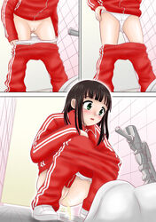 black_hair blush female green_eyes gym_uniform innie_pussy long_hair long_sleeves mumei_(artist) open_mouth panties panty_pull peeing pussy red_pants red_shirt shin_nanka_tou shoes source_request squat_toilet squatting toilet white_panties white_shoes