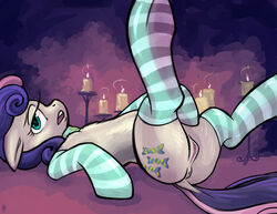 2013 anus bonbon_(mlp) candle clitoris clothing collar cutie_mark earth_pony equine female feral friendship_is_magic fur green_eyes green_fur hobbes_maxwell horse legwear looking_at_viewer lying mammal my_little_pony on_back pony pussy socks solo tan_fur