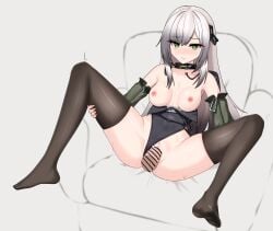 absurdres bar_censor black_outline black_thighhighs blush breasts censored clothed_sex clothing_aside commission couch detached_sleeves disembodied_penis female girls'_frontline grabbing_own_thigh green_eyes heart heart_censor highres long_hair m_legs medium_breasts mk.18_(girls'_frontline) nabiyan on_couch outline penis sex simple_background swimsuit swimsuit_aside thighhighs vaginal_penetration white_hair