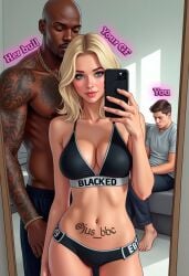 1girls 2boys ai_generated blacked blacked_clothing blonde_hair cuckold dark-skinned_male dark_skin english_text female interracial jus_bbc male selfie text