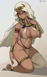 1girls bare_shoulders big_breasts black_hair blue_eyes bracelet breasts dark-skinned_female dark_skin female female_human fit_female grey_background groin hand_up highres hioyami hourglass_figure human isis_ishtar jewelry kneeling large_breasts long_hair looking_at_viewer navel parted_lips pelvic_curtain pink_lips single_thighhigh slim_waist solo stomach thick_thighs thighhighs thighlet thighs usekh_collar variant_set veil wide_hips yu-gi-oh!