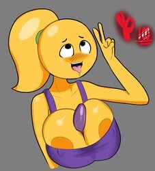 ahe_gao blush breasts eggplant emoji emoji_(race) emoji_slut emojifam_(sssir8) gesture large_breasts nipples partially_visible_nipples penis ponytail saliva sekkmor shirt tongue_out v yellow_skin