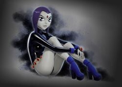 2d ass bare_legs boots breasts dc dc_comics demon_girl drew_gardner female footwear full_color goth_girl leotard looking_at_viewer no_penetration pinup purple_eyes purple_hair rachel_roth raven_(dc) relaxing short_hair solo solo_female tagme teen_titans thighs