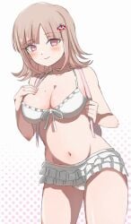 2024 backpack beauty_mark_on_breasts bikini blush breasts brown_hair cleavage dadadaeki00 danganronpa danganronpa_2:_goodbye_despair female female_focus female_only hairclip looking_at_viewer nanami_chiaki pink_eyes short_hair thick_thighs thighs white_background white_bikini