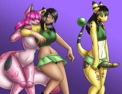 2025 ampharos anthro bite black_hair blue_eyes bottomwear breasts clothed clothed_anthro clothed_human clothed_male clothing crop_top drone dronification duo erection featureless_breasts felid feline female female/female ftm_transformation gender_transformation generation_2_pokemon genitals green_bottomwear green_clothing green_crop_top green_eyes green_markings green_shirt green_skirt green_topwear hair hi_res human human_to_anthro ineffective_clothing koekoek machine male mammal markings multicolored_body nintendo nude nude_anthro nude_female orange_eyes penis pink_body pink_hair pokemon pokemon_(species) purple_background robot shirt silver_(cow101) simple_background skirt species_transformation standing tail topwear transformation transformation_through_bite yellow_body