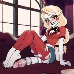 1futa ai_generated aroused big_penis charlie_morningstar_(hazbin_hotel) feet futanari hazbin_hotel lipstick_mark lipstick_on_penis lipstick_ring short_jeans smile smug