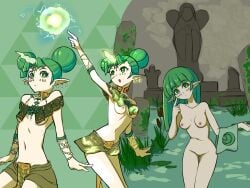 1girls bathing breasts farore foolintisimo green_eyes green_hair looking_at_viewer nude nude_female solo solo_female the_legend_of_zelda vagina white_female