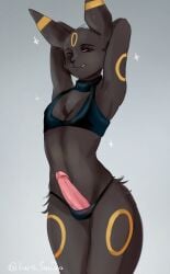 anthro black_body black_fur clothing eeveelution fur generation_2_pokemon genitals hands_behind_head hi_res kuroky_san looking_at_viewer male markings midriff nintendo one_eye_closed panties penis pokemon pokemon_(species) red_sclera solo sparkles tongue tongue_out umbreon underwear wink yellow_markings zero3_delta