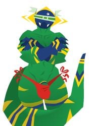 anonymous_artist aura brazil brazil_(countryhumans) bulge claws crossed_arms fangs green_body hidden_eyes lineless male muscular penis penis_peek snake_tail stripes thong white_background