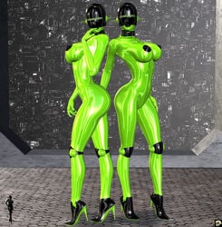 2girls 3d android bald bare_shoulders big_breasts black_lips busty cleavage curvy detailed_background erect_nipple erect_nipples eyelashes female female_only front_view green_skin high_heels hourglass_figure humanoid looking_at_viewer multiple_females multiple_girls naked nude pose posing shadow shiny shiny_skin side_view sideboob standing v4enru voluptuous wide_hips xskullheadx