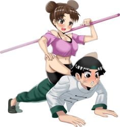 1boy 1girls bare_shoulders bike_shorts black_eyes black_footwear black_hair blush breasts brown_eyes brown_hair collarbone crop_top double_bun exercising green_pants hair_bun headband holding long_sleeves looking_down midriff naruto naruto_(series) naruto_shippuuden open_mouth pants purple_shirt push-ups push_ups rock_lee shirt shoes short_sleeves shorts simple_background sitting sitting_on_person smile sports_bra staff teasing tenten veins white_background white_shirt workout