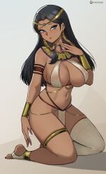 1girls anklet asymmetrical_legwear bare_shoulders big_breasts black_hair blue_eyes blush bracer breasts circlet cleavage covered_erect_nipples dark-skinned_female dark_skin female female_human fit_female highres hioyami hourglass_figure human isis_ishtar jewelry large_breasts long_hair looking_at_viewer mature_female navel parted_bangs slim_waist solo stirrup_legwear thighhighs thighlet toeless_legwear usekh_collar variant_set white_thighhighs wide_hips yu-gi-oh! yu-gi-oh!_duel_monsters