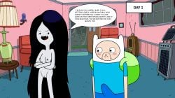 1boy adventure_time backpack bag black_hair blush breasts casual casual_nudity clothing completely_nude completely_nude_female crossed_arms dialogue duo duo_focus erection erection_under_clothes exhibitionism fangs female finn_the_human grey_skin human indoors lincylover_(artist) long_hair looking_at_another marceline nipples no_nut_november nude nude_female_clothed_male nudist nudity pale_skin pussy standing vampire vampire_girl