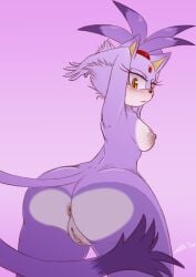 2024 amber_eyes anus armpits arms_up ass blaze_the_cat bluechika blush breasts feline female female_focus female_only furry looking_at_viewer looking_back nails nipples purple_background purple_fur purple_hair pussy sega sonic_(series) sonic_the_hedgehog_(series) thick_thighs thighs yellow_eyes