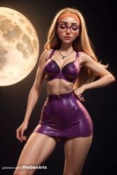 1girls ai_generated ass_visible_through_thighs bare_shoulders big_hero_6 blonde_hair bra breasts cleavage closed_eyes contrapposto cowboy_shot disney earrings full_moon glasses hairband hand_on_own_hip hi_res honey_lemon jewelry lips long_hair marvel marvel_comics medium_breasts miniskirt moon necklace panties patreon_username pencil_skirt progenarts purple_bra purple_skirt skirt solo standing underwear web_address