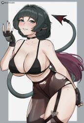 animal_ears aqua_eyes bare_shoulders big_breasts black_bra black_choker black_gloves black_hair blunt_bangs blush bra breasts choker commentary cowboy_shot dagger female fingerless_gloves garter_straps gloves grin hair_intakes high-waist_pantyhose highres hioyami jane_doe_(zenless_zone_zero) knife large_breasts long_hair looking_at_viewer mouse_ears mouse_girl mouse_tail multicolored_hair nail_polish panties panties_under_pantyhose pantyhose purple_hair purple_nails smile solo standing tail thighs underwear very_long_hair weapon zenless_zone_zero