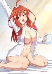 ahoge ass_visible_through_thighs bare_belly bare_legs bare_thighs barefoot belly_button big_breasts blue_eyes blush bottomless breasts cleavage collarbone feet_out_of_frame go-toubun_no_hanayome hair_ornament kosmos_beta long_hair milk nakano_itsuki naked_shirt no_bra no_panties one_eye_closed open_mouth open_shirt red_hair shiny_skin shirt shirt_only thighs white_shirt yawn