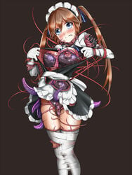 apron black_background blue_eyes blush bondage bound bound_legs breasts brown_hair clenched_teeth dress female frown fumi11gou head_tilt highres legs_together living_clothes maid maid_apron maid_headdress medium_breasts nipples original simple_background solo standing struggling tears teeth tentacle tentacle_clothes twintails waist_apron