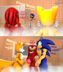 2018 3d aged_up balls bathroom big_penis dialogue diphallia diphallism group knuckles_the_echidna male moorsheadfalling multi_penis nude penis penis_envy sonic_(series) sonic_the_hedgehog source_filmmaker steam tails team_sonic text yaoi