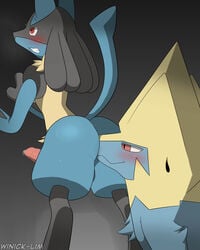 1boy 2018 all_fours ambiguous_gender anal anilingus anthro ass back big_ass black_fur blue_fur blush canine_penis clenched_teeth drooling duo erection feral_on_anthro fur furry grey_background hatzu internal interspecies licking long_tail lucario male male_penetrated manectric nintendo nude oral penis pokemon pokemon_(species) pokemon_dppt pokemon_rse precum red_eyes rimjob rimming saliva sex standing sweat tail teeth text thick_thighs video_games watermark wet winick-lim yellow_fur