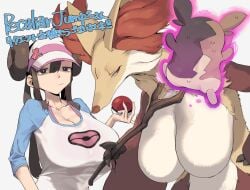 2girls anger_vein ass big_breasts breasts bright_pupils brown_hair claws collarbone creatures_(company) delphox double_bun furry furry_female game_freak generation_6_pokemon generation_8_pokemon hair_bun hat huge_ass japanese_text large_breasts morpeko multiple_girls nintendo ossan_056 poke_ball poke_ball_(basic) pokemon pokemon_bw2 pokemon_ss psychic red_eyes rosa_(pokemon) stick upper_body visor_cap white_background white_pupils