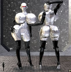 2girls 3d android back_view bald bare_shoulders big_ass big_breasts big_butt breast_hold busty butt_crack cleavage curvy detailed_background erect_nipple erect_nipples female female_only fembot_(xskullheadx) front_view high_heels hourglass_figure humanoid looking_at_viewer multiple_females multiple_girls naked nude pose posing shadow shiny shiny_skin silver_skin standing voluptuous wide_hips xskullheadx