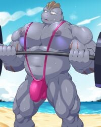 2025 4:5 absurd_res anthro areola barazoku barbell beach belly biceps big_bulge big_muscles big_pecs bikini bodily_fluids bulge clothed clothing cloud day deltoids exercise eyewear generation_1_pokemon glasses hi_res holding_object huge_muscles huge_pecs kemono machoke maldu male manly musclegut muscular muscular_anthro muscular_male navel nintendo nipples one-piece_swimsuit outside pecs pokemon pokemon_(species) quads sand skimpy sky sling_bikini solo standing sweat swimwear thick_arms thick_thighs two-piece_swimsuit water weightlifting weights workout