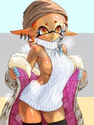 1girls arched_back bare_shoulders beanie_hat cold dark-skinned_female frye_(splatoon) looking_at_viewer no_bra no_bra_under_clothes no_pants pointy_ears solo splatoon splatoon_3 sweat sweater sweating t2ukmyjm tentacle_hair thighhighs tied_hair turtleneck two-tone_hair undressing virgin_killer_sweater