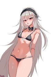 1girls :o bikini blush bow_tie doll doll_girl doll_joints female kainele long_hair looking_at_viewer open_mouth red_eyes rozen_maiden silver_hair small_breasts solo suigintou swimsuit very_long_hair white_background wide_hips