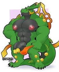 2023 2_penises anthro big_pecs black_penis clothing diphallia diphallism generation_6_pokemon genitals glans green_body hi_res legendary_pokemon male male_only mega_evolution mega_rayquaza multi_genitalia multi_penis muscular muscular_anthro muscular_male nintendo nipples pecs penis pokemon pokemon_(species) schwarzfox simple_background solo speedo standing swimwear yellow_glans