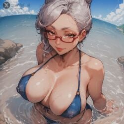 afloat ai_generated aisinful ayase_seiko beach big_breasts breasts brown_eyes cleavage curvy dandadan female from_above glasses grey_hair highres huge_breasts in_water large_breasts lips mature_female mommy mommy_kink naughty_face ocean sagging_breasts thick_thighs topknot voluptuous voluptuous_female wet wide_hips