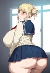 ai_generated back_view backboob bare_thighs big_ass big_butt blonde_hair boku_no_hero_academia bubble_butt cakez dat_ass fat_ass gigantic_ass gigantic_breasts hair_bun himiko_toga huge_breasts huge_thighs light-skinned_female light_skin looking_back massive_ass massive_breasts my_hero_academia no_panties school_uniform schoolgirl shounen_jump solo_female squatting sweat sweatdrop thick_body thick_female thick_thighs thighs twintails voluptuous voluptuous_female yellow_eyes