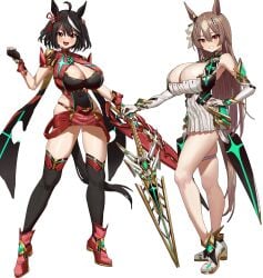 2girls animal_ears animal_humanoid bare_legs bare_shoulders big_breasts black_hair blush breasts breasts_bigger_than_head brown_eyes brown_hair busty cleavage cleavage_cutout clothing_cutout cosplay dress elbow_gloves feipin_zhanshi female female_only fingerless_gloves footwear gloves hair_ornament hand_on_hip holding_weapon horse_ears horse_girl horse_tail huge_breasts kitasan_black_(umamusume) large_breasts leotard long_hair looking_at_viewer multicolored_hair mythra_(xenoblade)_(cosplay) open_mouth pyra_(xenoblade)_(cosplay) red_eyes satono_diamond_(umamusume) shoes short_hair skirt smile streaked_hair sword thick_thighs thigh_strap thighhighs tied_hair umamusume white_hair xenoblade_(series) xenoblade_chronicles_2