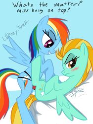 2012 amber_eyes blue_feathers blue_fur blush cutie_mark dialogue dildo duo english_text equine feathered_wings feathers female feral feral_on_feral friendship_is_magic fur green_fur hair hi_res ldr legs_up lightning_dust_(mlp) looking_away lying mammal multicolored_hair multicolored_tail my_little_pony on_back orange_hair pegasus penetration purple_eyes rainbow_dash_(mlp) rainbow_hair rainbow_tail sex sex_toy simple_background smile strap-on text two_tone_hair vaginal_penetration wing_boner wings yuri