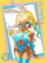 1girls breasts bunny_costume bunny_ear bunny_ears bunny_girl costume curvy_figure dark-skinned_female dark_body dark_green_hair dark_skin digital_media_(artwork) drink eyelashes frye_(splatoon) gradient_background hi_res huge_breasts looking_at_viewer looking_up looking_up_at_viewer nintendo pointy_eared_humanoid pointy_ears splatoon splatoon_(series) splatoon_3 t2ukmyjm thick_thighs