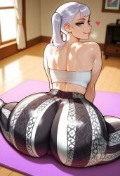 1girls ai_generated big_ass big_breasts big_butt black_clover dreamcoreart female female_only flare_pants forbidden_pants huge_breasts huge_butt noelle_silva solo thick_ass thick_butt thick_legs thick_thighs tight_clothing white_hair yoga yoga_pose