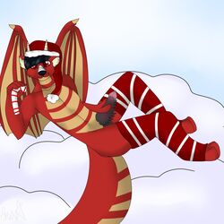 anthro arulouprouge barbed_penis candy candy_cane christmas clothing cloud dragon dratter felix_reverie food hat hi_res holidays horn hybrid legwear looking_at_viewer male male_only mammal mustelid otter penis socks solo spikes