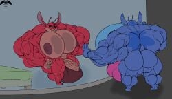 2024 against_surface alien antennae_(anatomy) anthro anthro_only anthrofied ass back_markings balls_outline barely_contained barely_contained_penis bed big_muscles big_nipples big_pecs biped black_eyes blue_body blue_fur boldemonic bulge detailed_bulge dipstick_antennae disney duo ear_markings erect_nipples experiment_(lilo_and_stitch) eyebrows fur furniture genital_outline genitals hand_on_glass hand_on_hip head_markings head_tuft huge_muscles huge_pecs hyper hyper_muscles hyper_pecs leroy_(lilo_and_stitch) lilo_and_stitch male markings multicolored_antennae muscular nipples occipital_markings on_glass pecs penis raised_eyebrow red_body red_fur red_nose small_tail smile smirk stitch_(lilo_and_stitch) tail teeth triceps tuft vein veiny_penis yellow_teeth