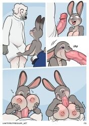 anthro areola big_breasts biped breast_play breasts canid canine clothed clothing comic disney duo fellatio female freckles_(artist) fur genitals grey_body huge_breasts judy_hopps lagomorph larger_male leporid male male/female mammal nipples oral penile penis rabbit sex size_difference titjob topless zootopia